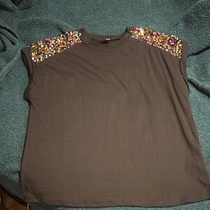 SHEIN Black Tee with Colorful Shoulder Embellishments